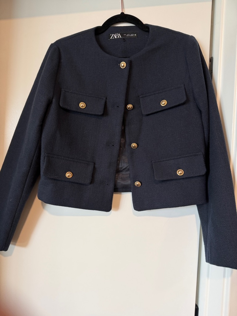 Zara Navy Cropped Boxy Blazer with Gold Buttons